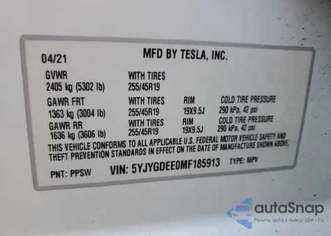 2021 Tesla Model Y z USA, uszkodzony, nr VIN 5YJYGDEE0MF185913